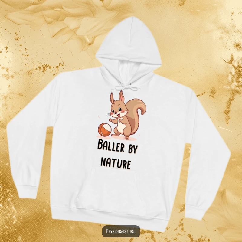 Funny Squirrel Hoodie: A mischievous squirrel energetically pursues a bouncing ball, embodying playful adventure and cozy warmth.