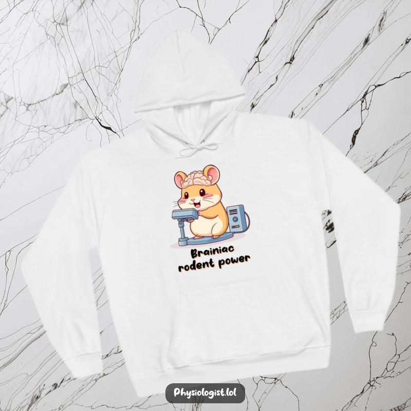 Funny hamster hoodie character bouncing while operating a complex brain scanner, cozy and humorous intellectual wear.