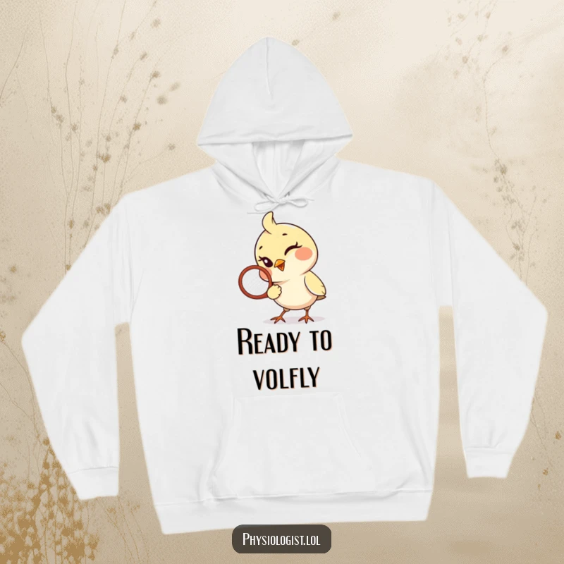 Funny Bird Hoodie: A playful bird winks while holding a tennis racquet, offering cozy warmth and sporty humor.