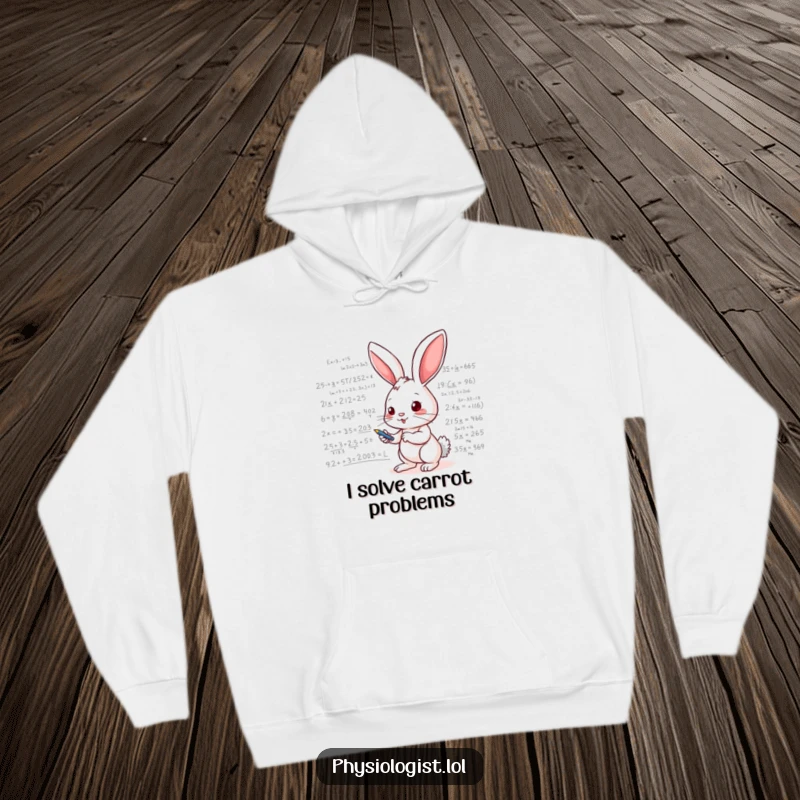 Funny hoodie design of an energetic bunny furiously writing complex mathematical equations and scientific formulas on a whiteboard, radiating intelligence.
