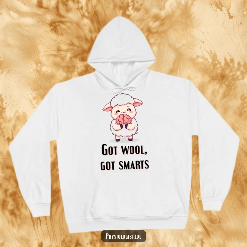 Funny hoodie depicting a sheep with a big giggle holding a small, animated brain, perfect for expressing funny intelligence and warmth.