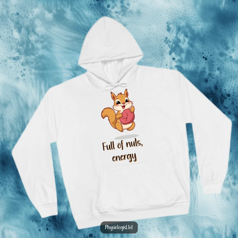 Funny liver health squirrel hoodie, depicting a jumping squirrel proudly showing off a healthy liver, offering cozy, energetic humor.