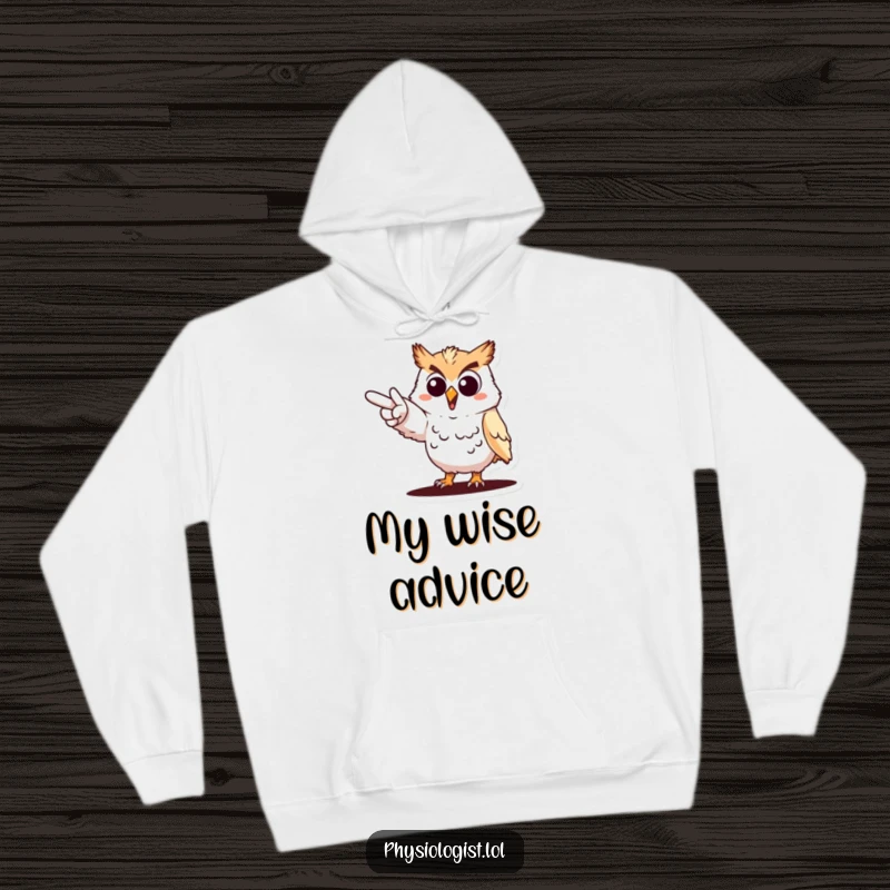 Funny cheerful owl pointing hoodie, an owl dramatically indicating a goal, warm and motivational apparel.