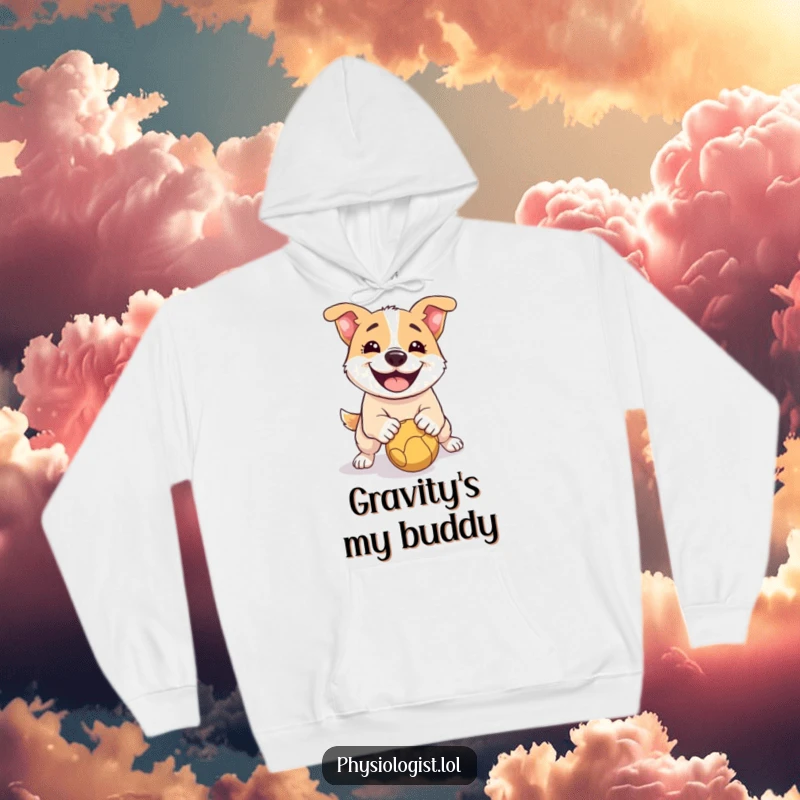 Funny Dog Hoodie: A soft, warm hoodie featuring a smiling dog humorously slipping on a ball, designed for ultimate comfort and laughs.