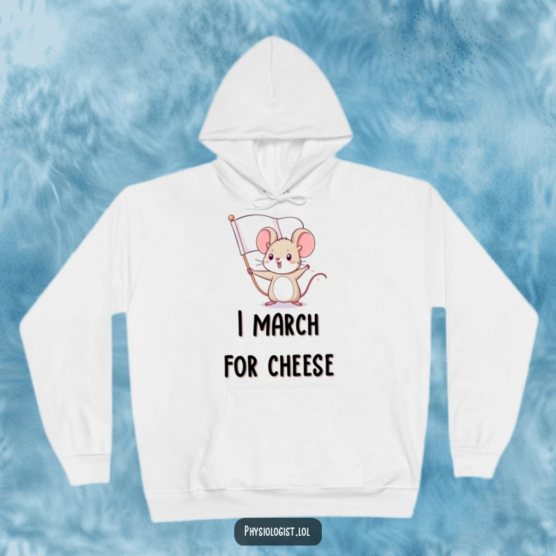 Funny mouse hoodie design: a tiny mouse bravely waving a large, fierce flag, representing courage and spirit.