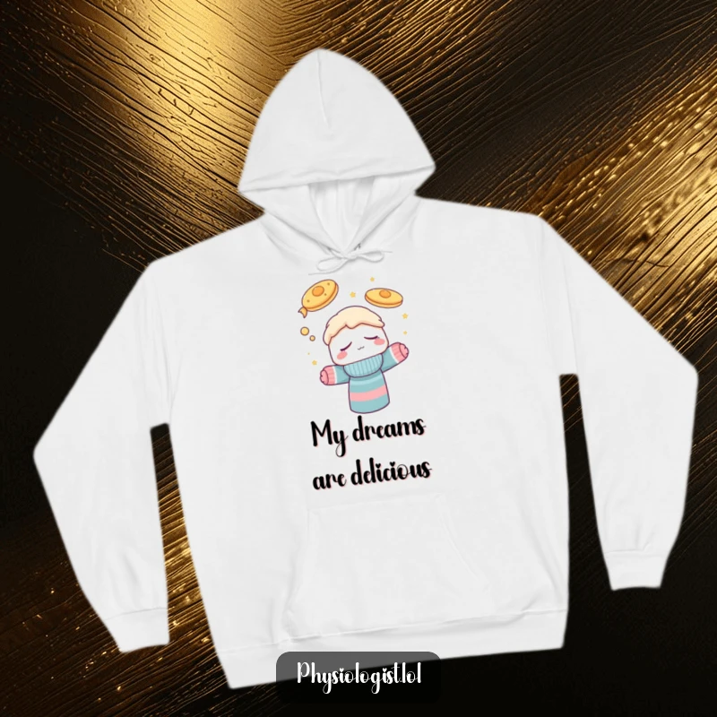Funny hoodie showcasing a cuddly sock puppet character deep in a humorous slumber, dreaming of a delightful world where pancakes gracefully fly.