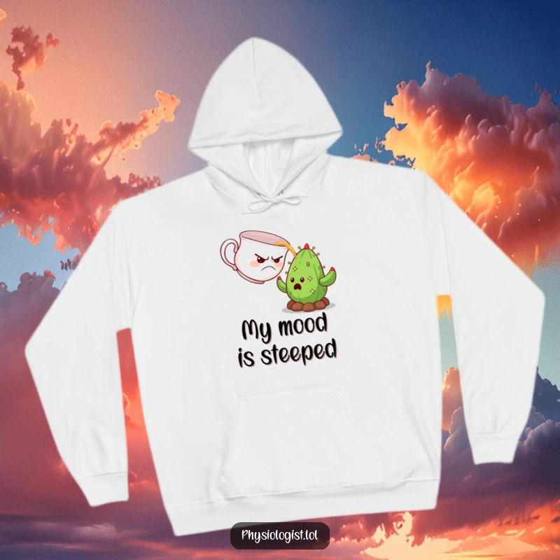 Funny grumpy teacup pouring tea onto a surprised cactus, depicted on a soft and warm hoodie.