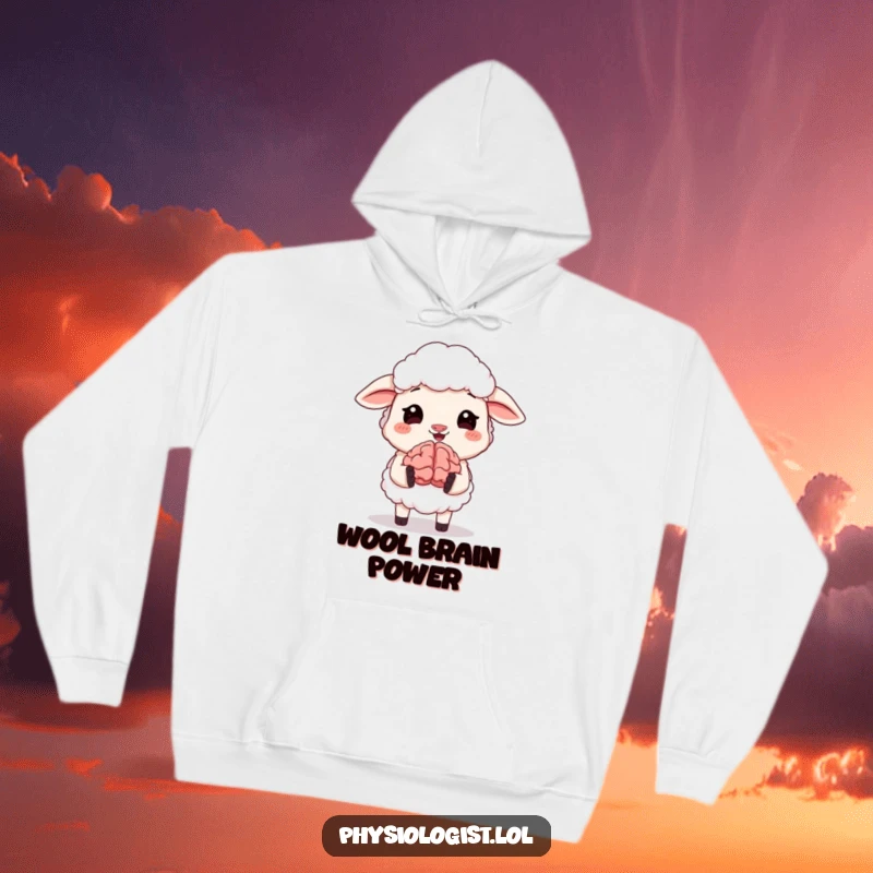 Funny hoodie depicting a sheep in a fit of giggles holding a miniature, animated brain. A playful and witty apparel choice for a funny gift.