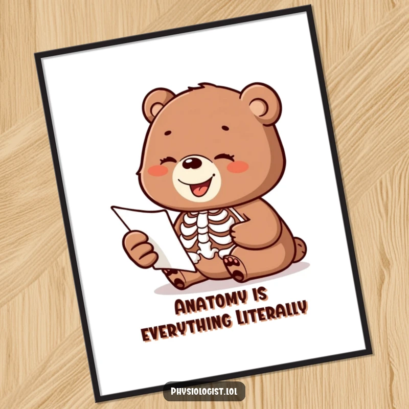 Funny Free Printable Wall Art: A happy bear cub intently studying a skeleton diagram, adding a humorous and educational touch to any room.