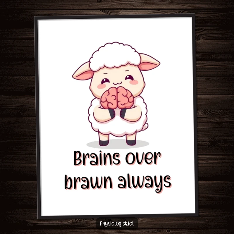 Funny Free Printable Wall Art: A whimsical sheep enthusiastically giggles while holding a small, animated, glowing brain.