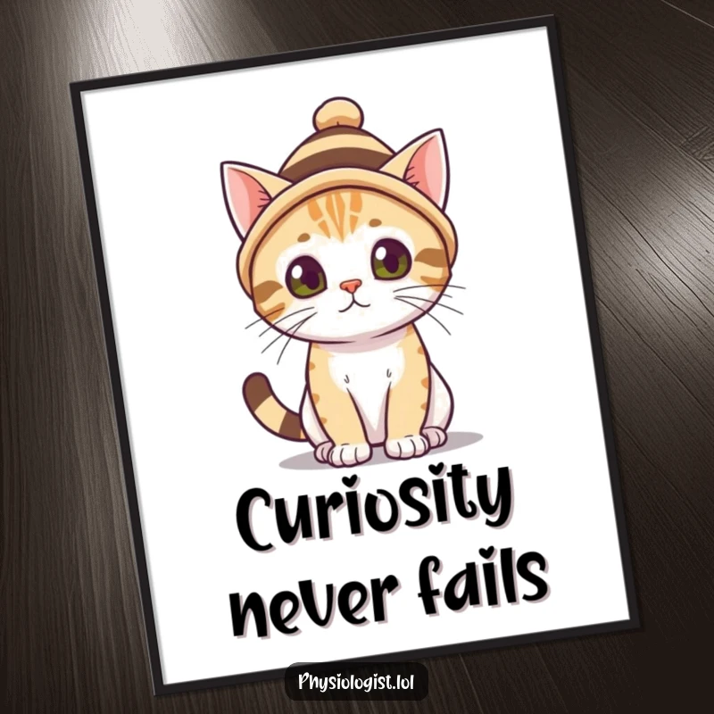 Funny Free Printable Wall Art: A curious cat stylishly sporting a small, striped hat brings whimsical charm to your decor.