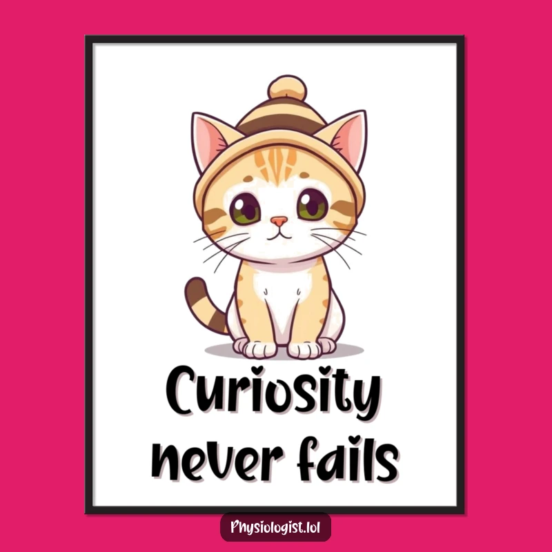 Free Printable Funny Cat Wall Art, Striped Hat Kitty Decor, Downloadable Whimsical Art