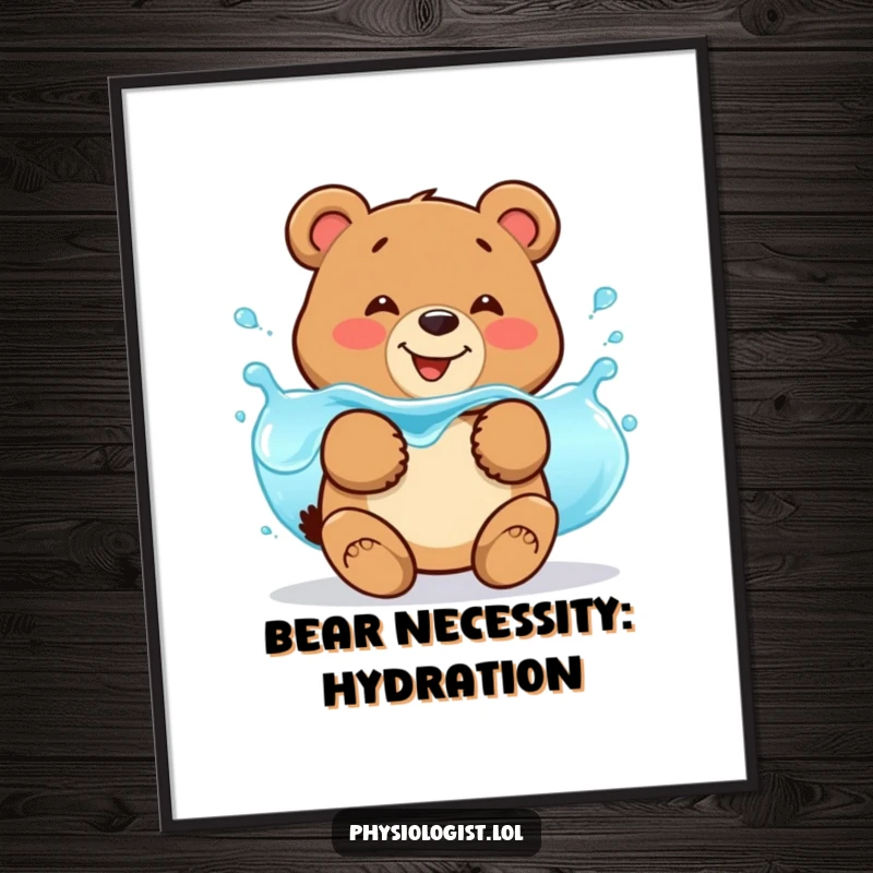 Funny Free Printable Bear Fluid Balance Wall Art: A smiling bear jiggles, illustrating fluid balance with blue liquid.