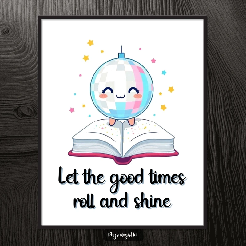 Funny Free Printable Wall Art: A lively disco ball casts shimmering glitter down onto an open, inviting book.