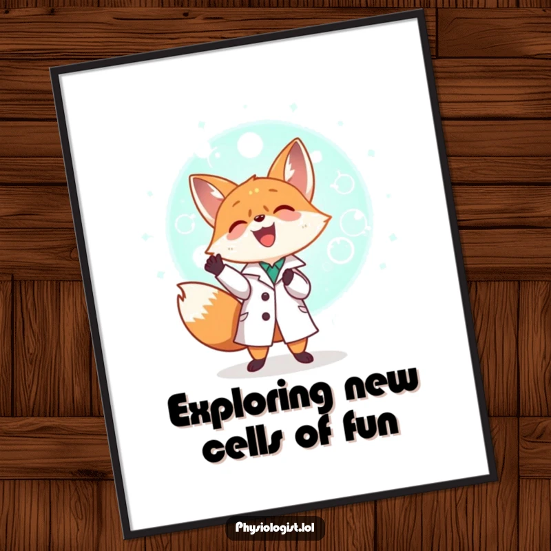 Funny Free Printable Wall Art: A tiny fox in a lab coat joyfully examines a massive, glowing cell. Whimsical and humorous science decor.