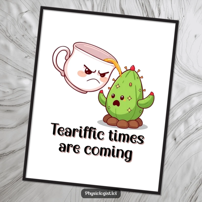 Funny Free Printable Wall Art: Grumpy teacup creating a tea-soaked disaster for a surprised cactus, unique decor.