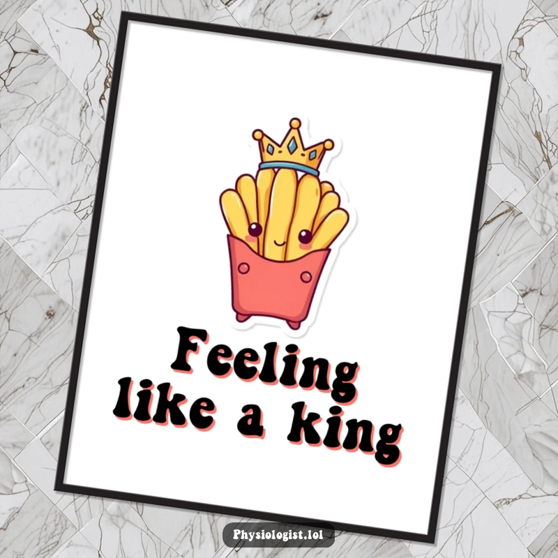 Funny Free Printable Wall Art: Victorious french fry wearing a tiny crown, ruling with delicious charm, decor.