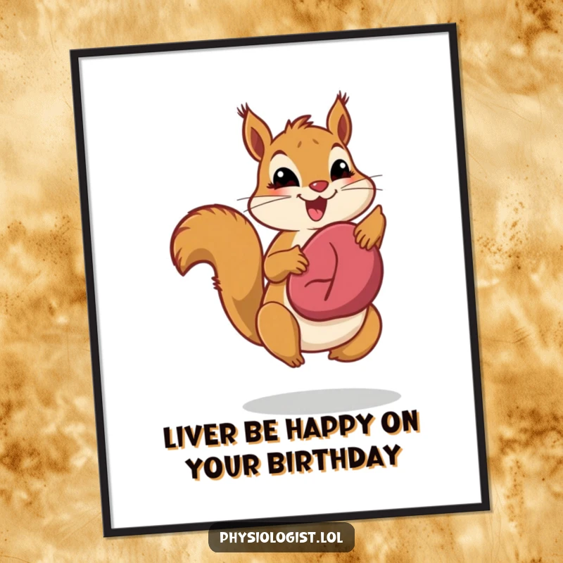 Funny Free Printable Wall Art: Energetic squirrel mid-jump, proudly showcasing a healthy, vibrant liver.