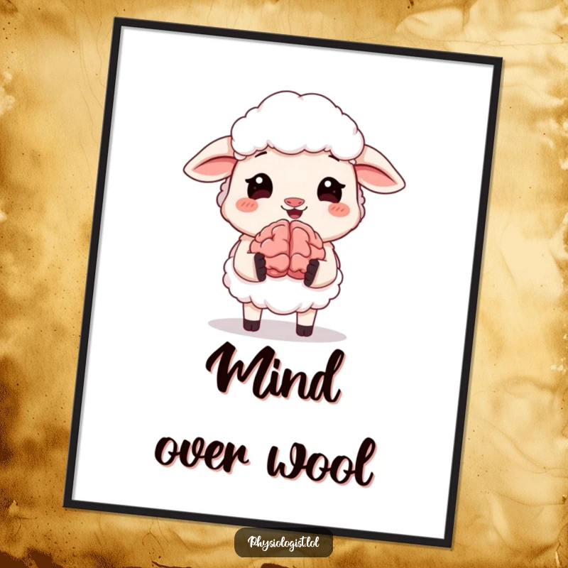 Funny Free Printable Wall Art depicting a giggling sheep holding a tiny, animated brain, perfect for a laugh.
