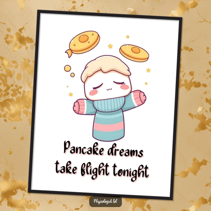 Funny Free Printable Wall Art: A charmingly sleepy sock puppet rests, envisioning a sky filled with floating, delicious pancakes.