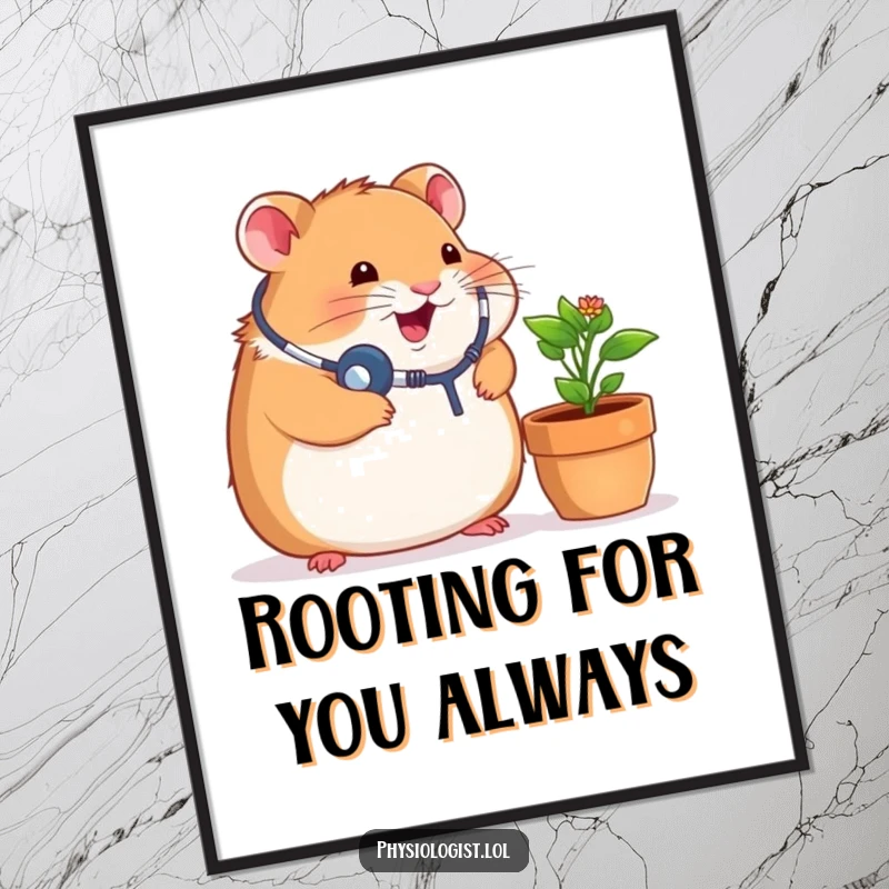 Funny Free Printable Wall Art: Chubby hamster in a tiny stethoscope, intently listening to a potted plant, exuding medical curiosity.