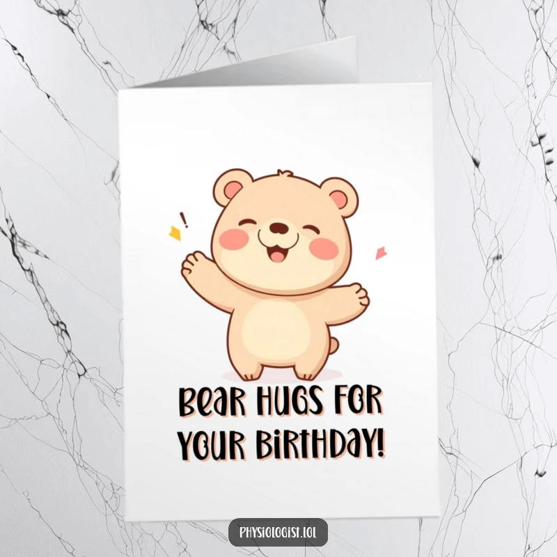 Funny Free Printable Birthday Card: Giggling bear performs a celebratory dance after scoring, radiating downloadable birthday joy.