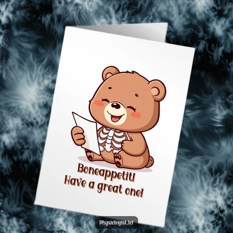 Funny Free Printable Birthday Card: A curious bear cub inspects a skeleton diagram with wide-eyed delight, perfect for a quirky celebration.