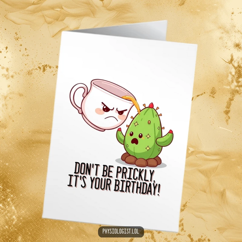 Funny Free Printable Birthday Card: Grumpy teacup pouring tea on a startled cactus, a unique DIY birthday gift.
