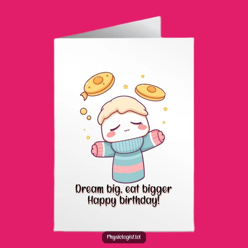 Free Printable Birthday Card: Sleepy Sock Puppet Flying Pancake Dream Funny Digital Gift