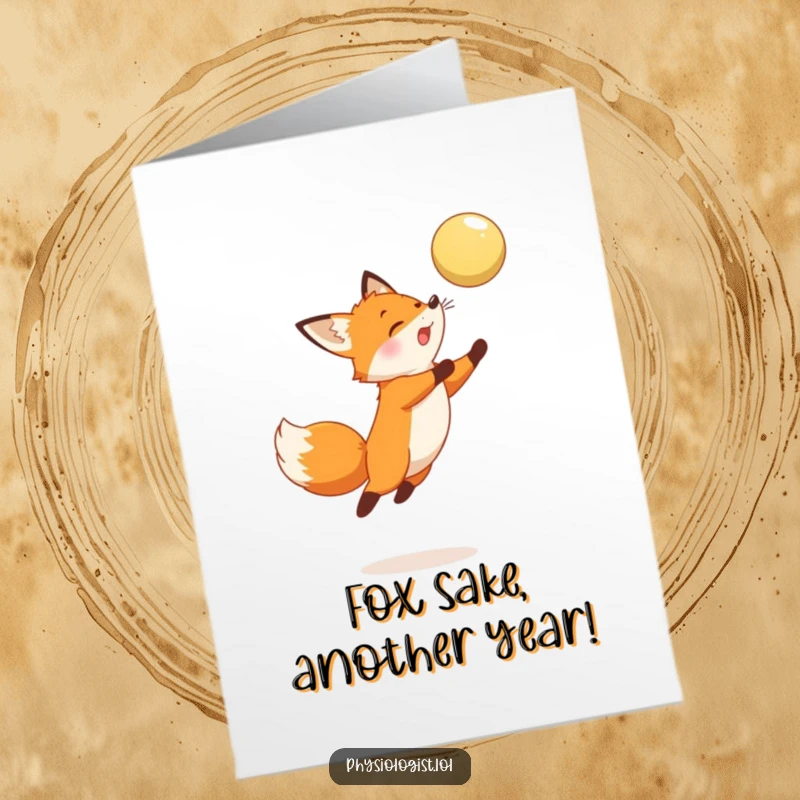Funny Free Printable Birthday Card showing a curious fox leaping high to strike a hovering ball with enthusiasm.
