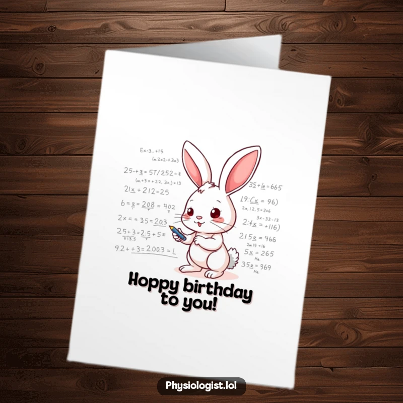 Funny Free Printable Birthday Card: Energetic bunny with glasses, scribbling furiously on a whiteboard filled with complex mathematical equations.