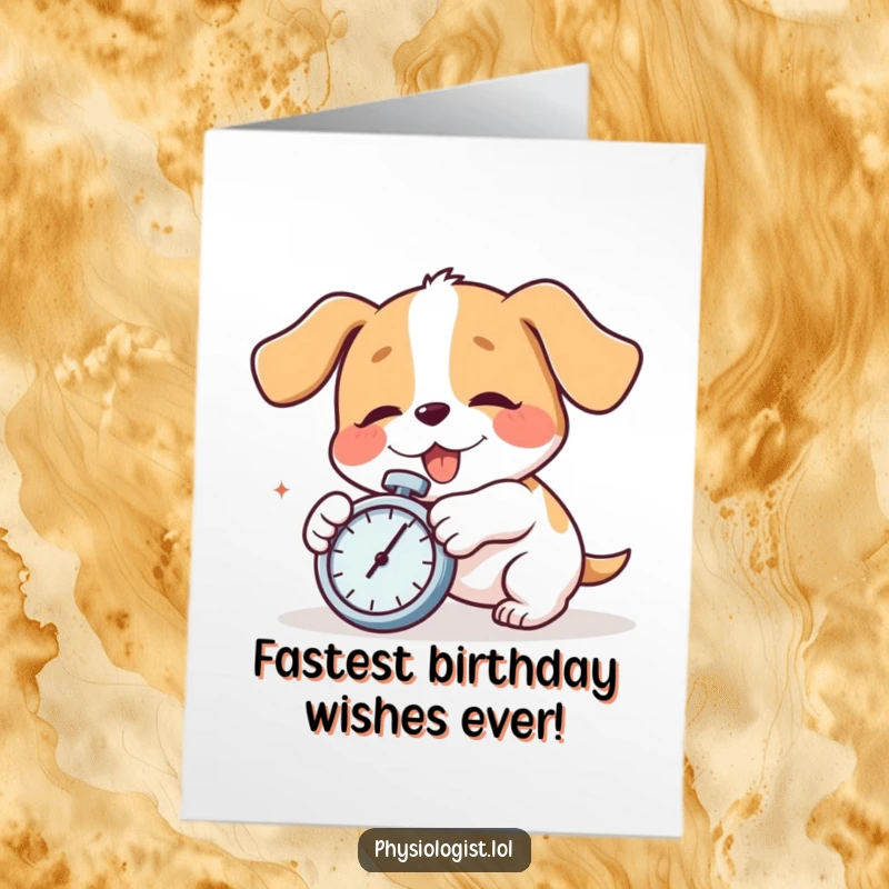 Funny Free Printable Birthday Card: A clumsy dog comically trips while holding a stopwatch, ready to deliver birthday wishes.