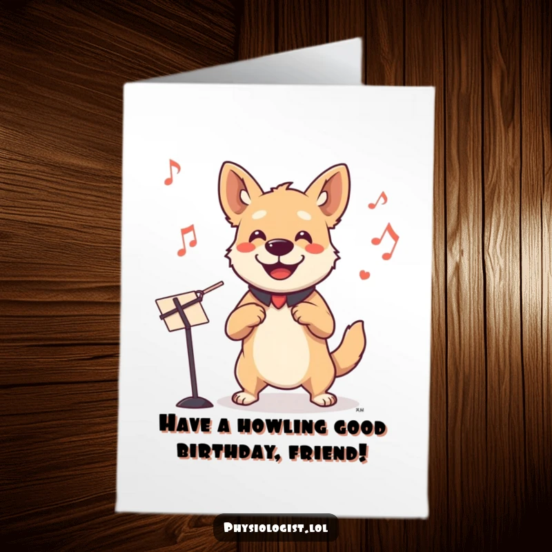 Funny Free Printable Dog Conductor Card: Smiling dog leading an orchestra, a humorous birthday card for a maestro.