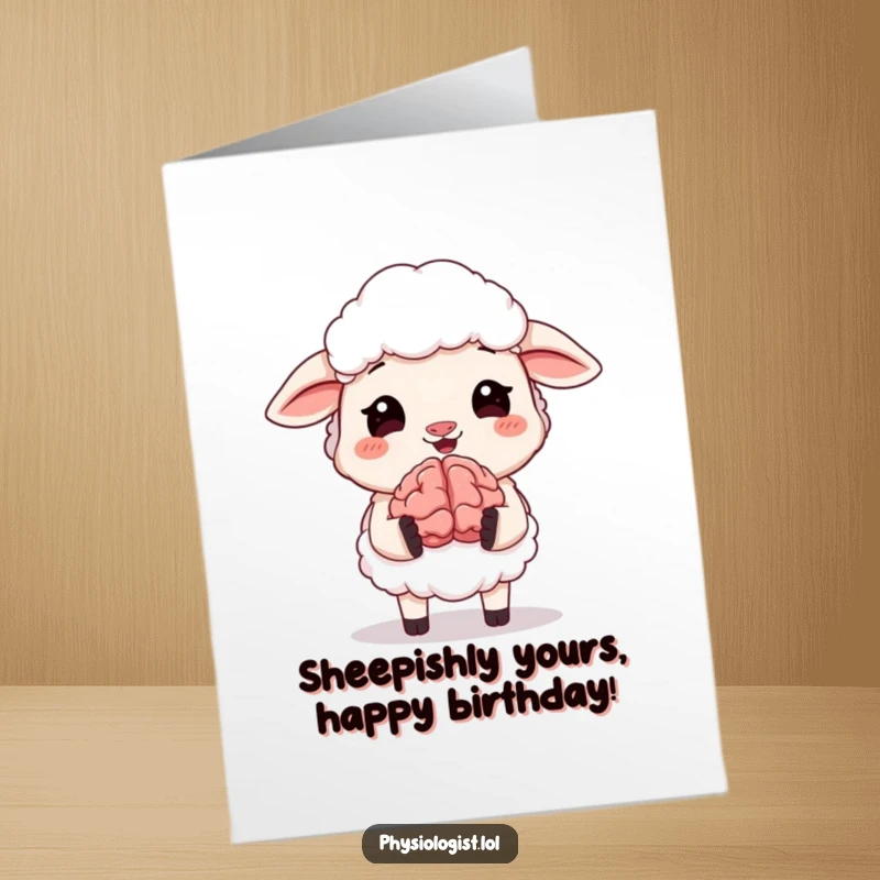 Funny Free Printable Birthday Card featuring a giggling sheep joyfully holding a small, animated brain.