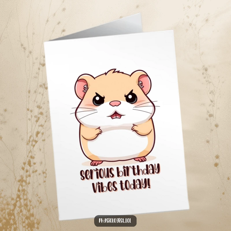Funny Free Printable Birthday Card: A bouncing hamster with an intensely stern and serious expression, looking unimpressed.