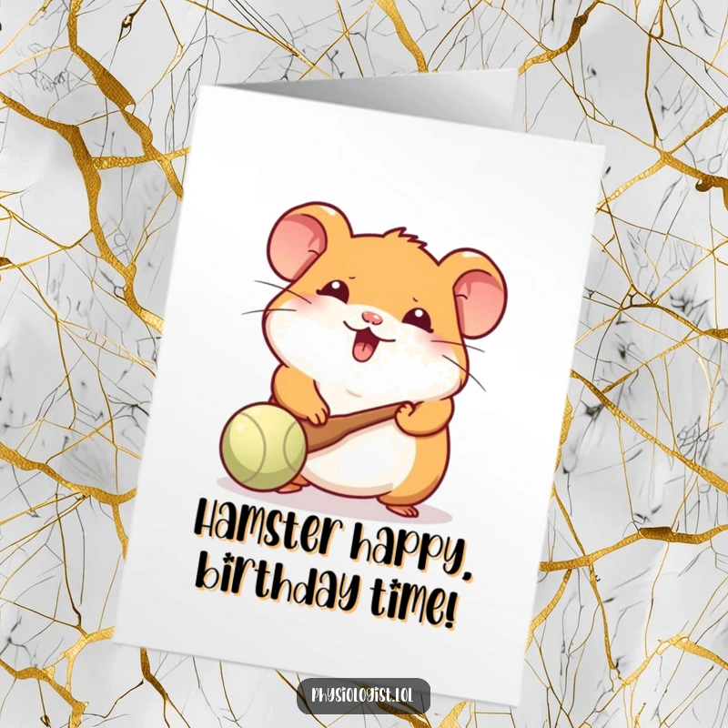 Funny Free Printable Birthday Card: Cheerful hamster enthusiastically bats a ball with a tiny paddle, celebrating downloadable birthday wishes.