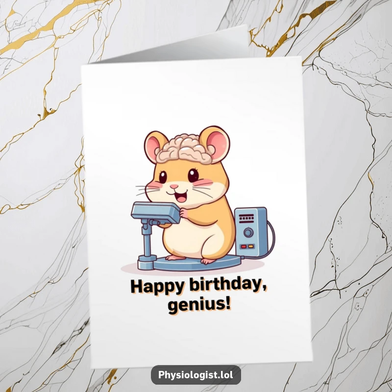 Funny Free Printable Birthday Card: A bouncing hamster furiously operating a complex brain scanner, lights flashing, ready for printing.