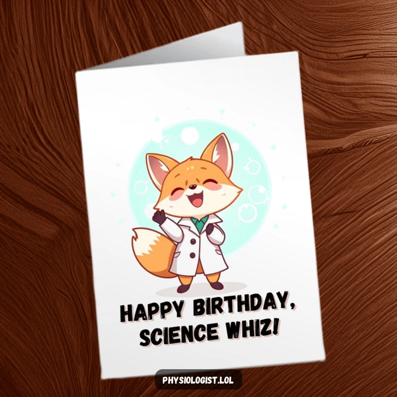 Funny Free Printable Birthday Card: A tiny fox in a lab coat joyfully examines a giant glowing cell. Scientific and humorous greeting.