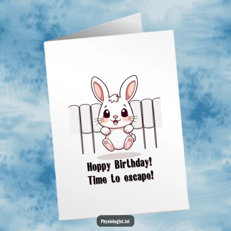 Funny Free Printable Birthday Card: Adorable rabbit leaping over a barrier, full of playful birthday energy, perfect for a laugh.