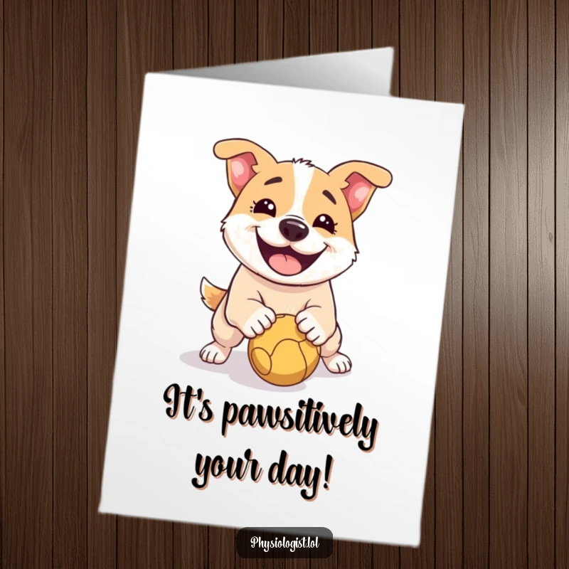 Funny Free Printable Birthday Card showing a smiling dog comically losing its footing while slipping on a dropped ball.