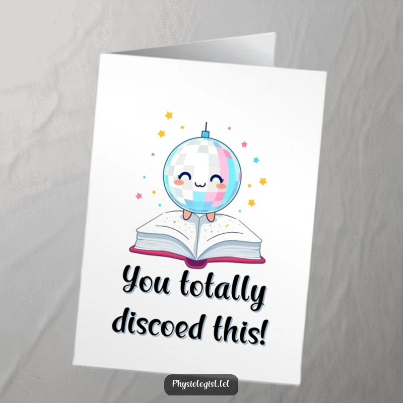 Funny Free Printable Congrats Card: A cheerful disco ball enthusiastically sheds glitter onto a literary treasure.