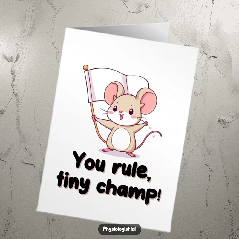 Funny Free Printable Congrats Card: Small mouse with large flag, symbolizing victory, perfect for congratulations, DIY gift.