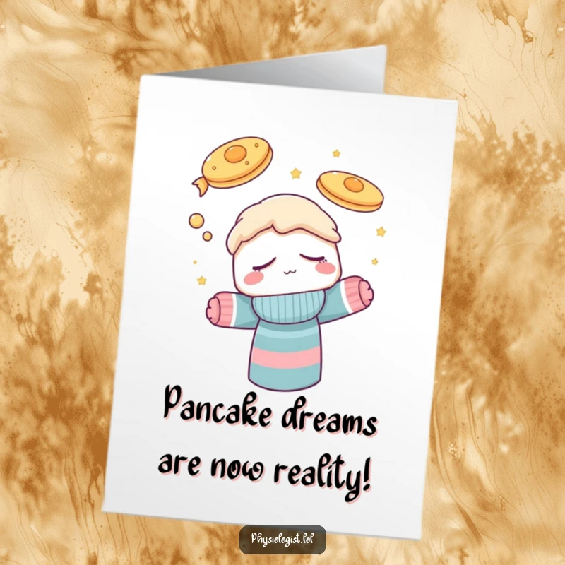 Funny Free Printable Congrats Card: Sleepy sock puppet with eyes closed dreams of delicious pancakes soaring through the air.