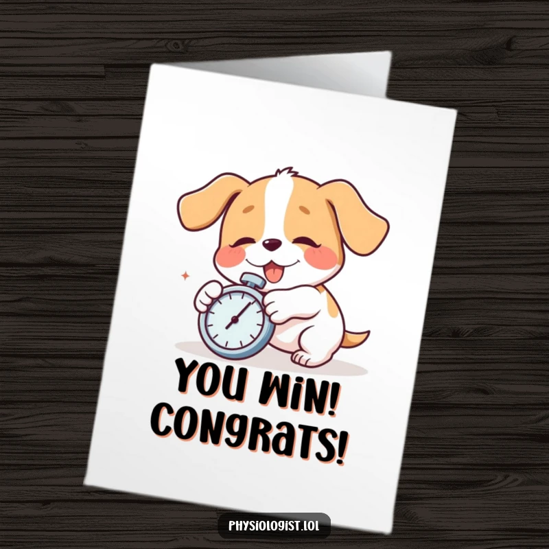 Funny Free Printable Congratulations Card: A playful dog comically trips with a stopwatch, celebrating your amazing achievement.