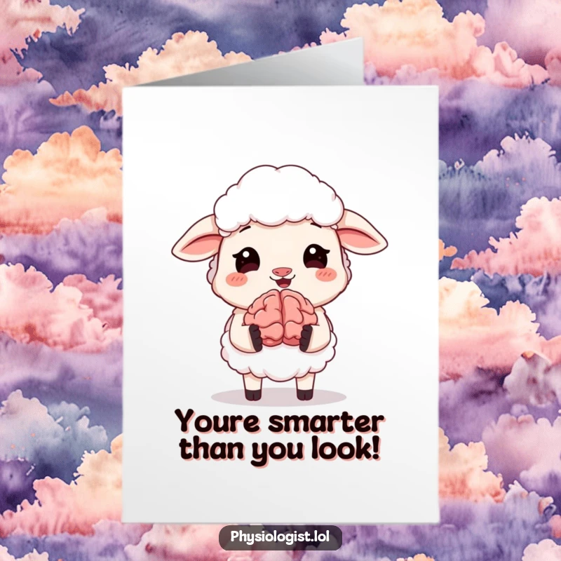 Free Printable Congratulations Card with a giggling sheep showing off a tiny, animated, and very important brain.