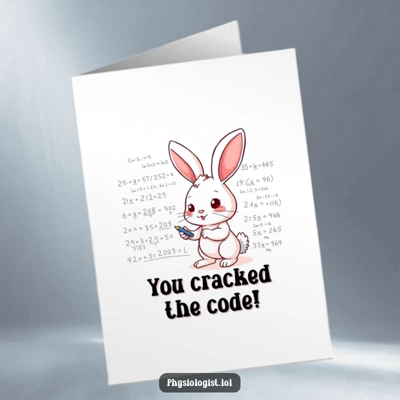 Funny Free Printable Congratulations Card: Energetic bunny, scribbling furiously on a whiteboard covered in solved equations, looking triumphant.