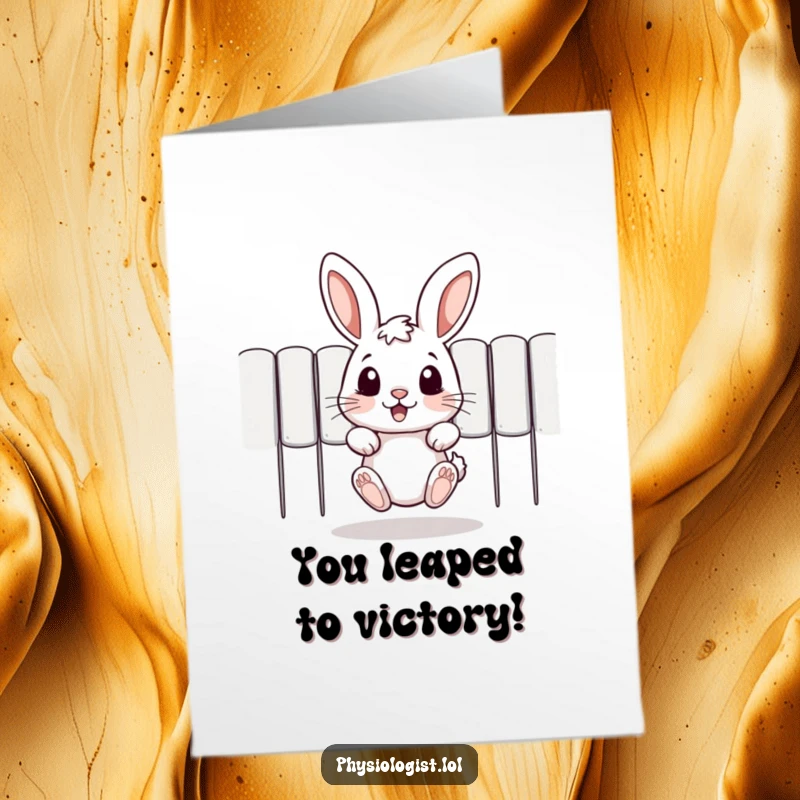 Funny Free Printable Congratulations Card: Energetic rabbit jumping high over an obstacle, conveying excitement and achievement. A great downloadable.