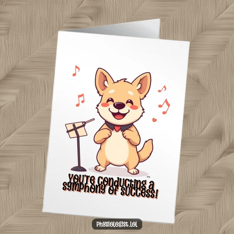 Funny Free Printable Dog Conductor Card: Happy dog maestro directing music, a humorous way to congratulate.