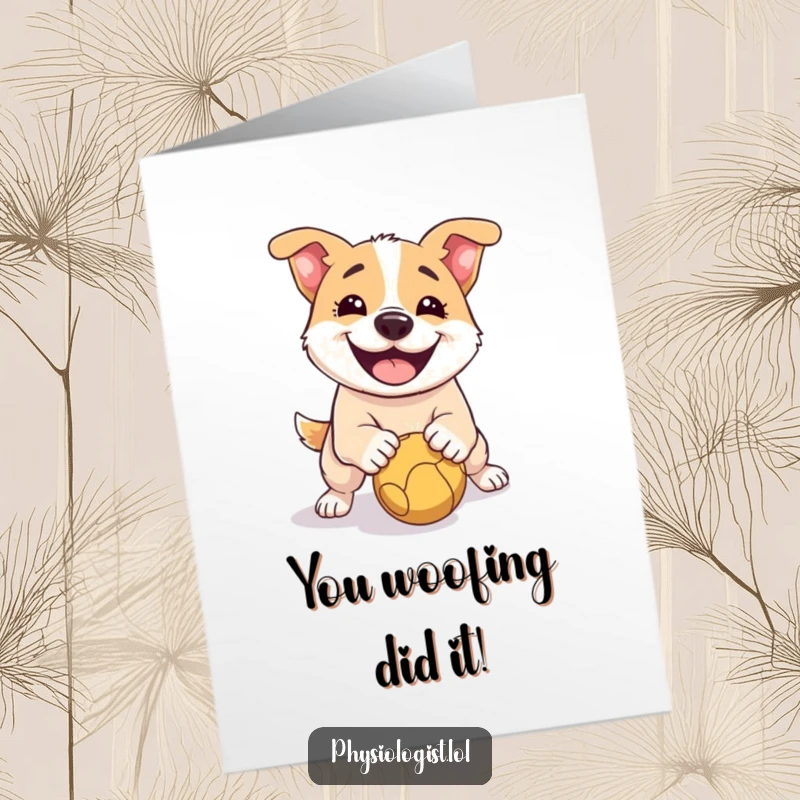 Free Printable Congratulations Card of a happy dog comically slipping on a ball, celebrating a funny triumph.