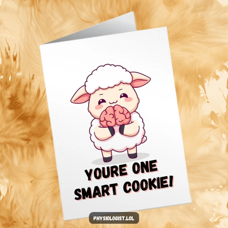 Free Printable Congratulations Card showing a sheep with a tiny, animated brain, giggling with delight at good news.